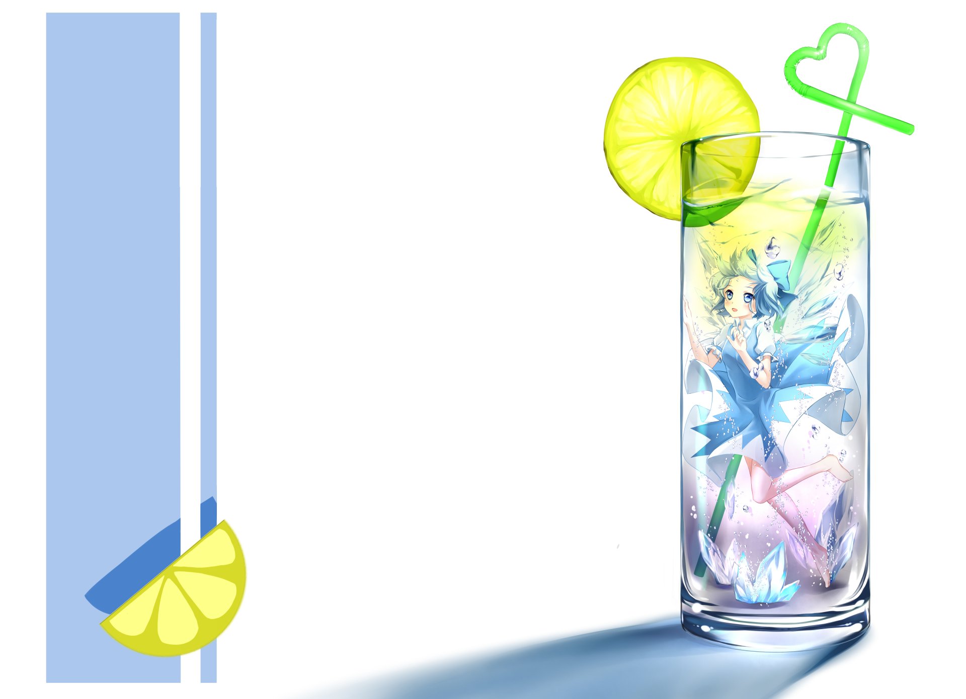 5K Ultra HD PC desktop wallpaper featuring Cirno (Touhou) depicted inside a tall glass with ice, a straw and lemon slice, set against a minimalist blue-and-white background.