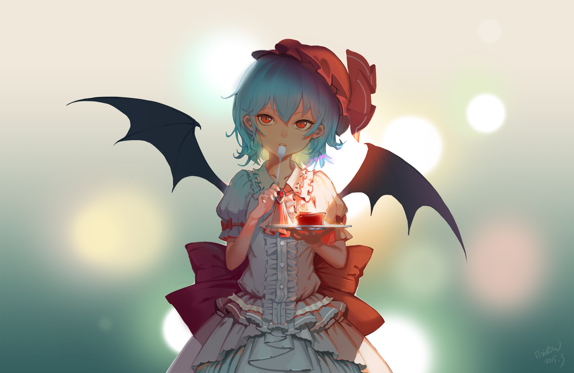 Anime Touhou HD PC desktop wallpaper/background: a young vampire-like girl with blue hair, red eyes and bat wings holding a slice of cake against a soft bokeh backdrop.