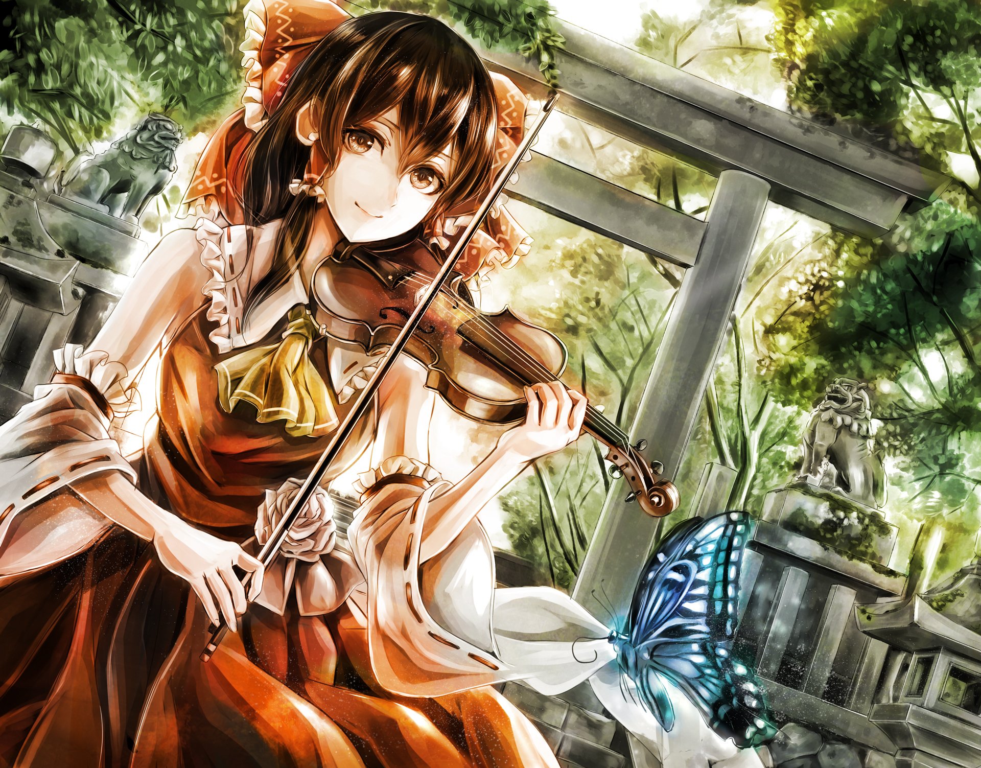 Reimu Hakurei (Touhou) anime HD desktop wallpaper: Reimu in a miko outfit plays a violin by a stone torii, sunlight filtering through trees as a blue butterfly flutters nearby.