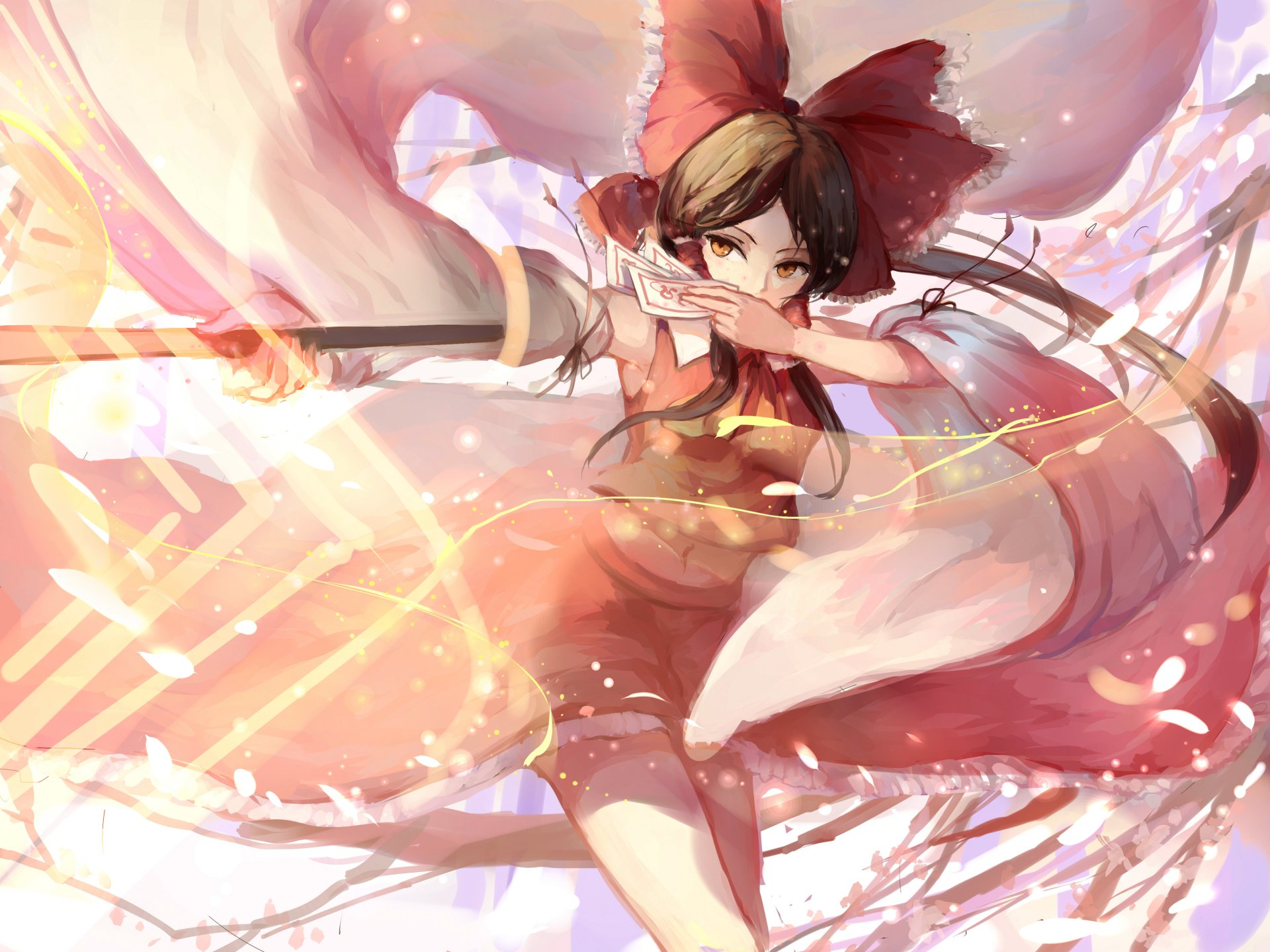 Reimu Hakurei from Touhou in a dynamic anime pose, wearing a red shrine-maiden outfit with flowing ribbons and glowing particles — vibrant 4K Ultra HD PC desktop wallpaper background.