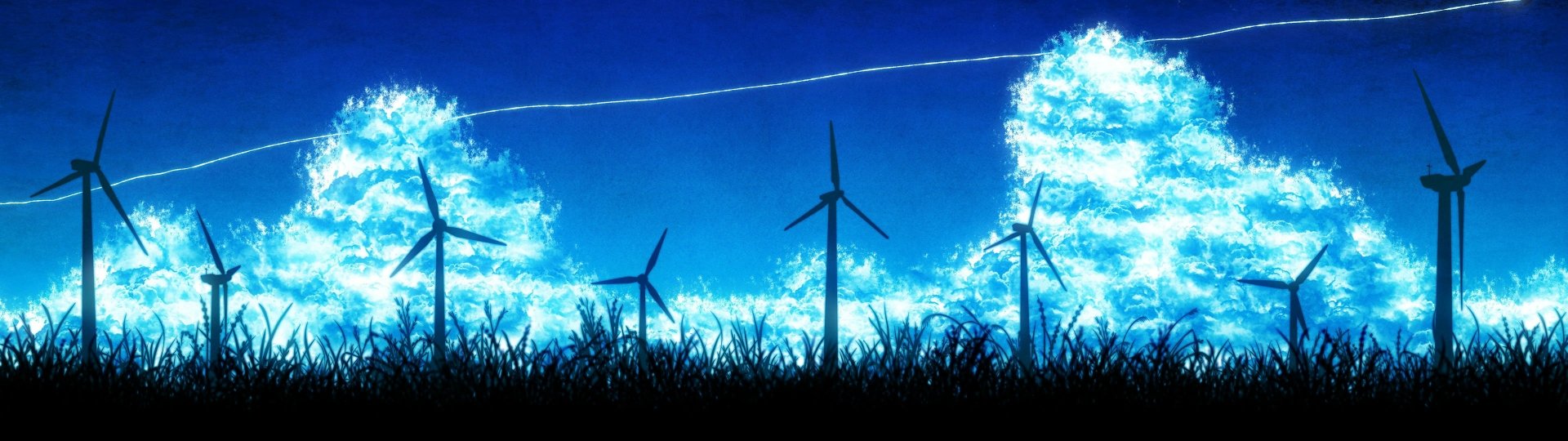 Anime original HD PC desktop wallpaper/background: silhouetted wind turbines and tall grass against a vivid blue sky with glowing clouds and a white contrail.