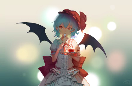 Anime Touhou HD PC desktop wallpaper/background: a young vampire-like girl with blue hair, red eyes and bat wings holding a slice of cake against a soft bokeh backdrop.