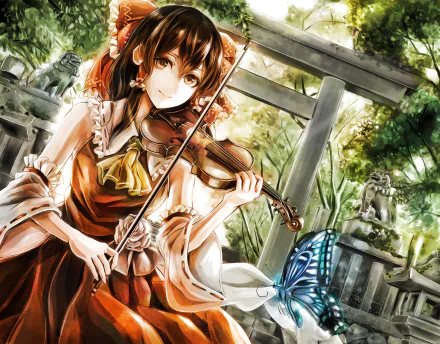 Reimu Hakurei (Touhou) anime HD desktop wallpaper: Reimu in a miko outfit plays a violin by a stone torii, sunlight filtering through trees as a blue butterfly flutters nearby.