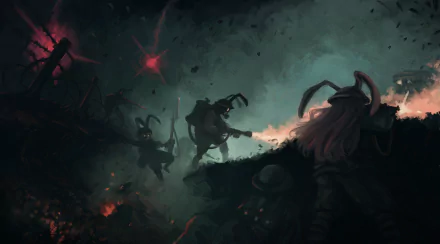 Dark, atmospheric 4K Ultra HD anime wallpaper featuring Reisen Udongein Inaba from Touhou, set in a mysterious, shadowy battlefield environment.