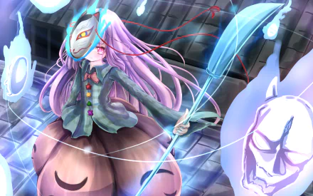 Hata no Kokoro (Touhou) anime 4K UHD PC wallpaper: masked girl with flowing purple hair holding a spear, surrounded by floating spirit masks and ghostly blue lights.
