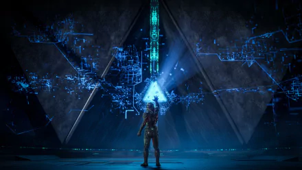 A character from Mass Effect: Andromeda reaches out toward a glowing blue structure, surrounded by futuristic digital patterns, set in a dramatic and immersive sci-fi environment.