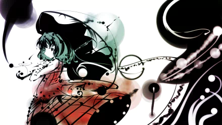 HD PC desktop wallpaper of Yuuka Kazami (Touhou) — anime-style green-haired figure amid abstract black ink swirls and red watercolor floral motifs.