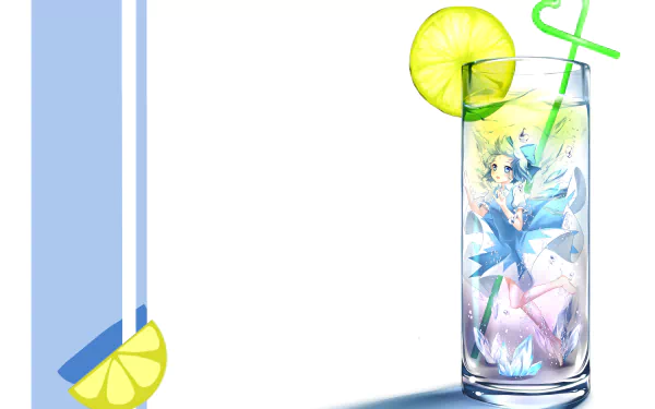 5K Ultra HD PC desktop wallpaper featuring Cirno (Touhou) depicted inside a tall glass with ice, a straw and lemon slice, set against a minimalist blue-and-white background.