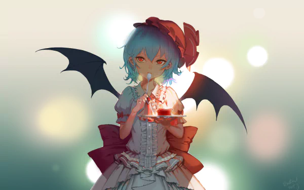 Anime Touhou HD PC desktop wallpaper/background: a young vampire-like girl with blue hair, red eyes and bat wings holding a slice of cake against a soft bokeh backdrop.