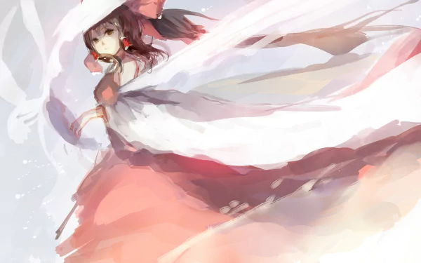 Reimu Hakurei (Touhou) in flowing red-and-white shrine maiden robes, ribbons and billowing sleeves against a soft painterly sky — anime 4K Ultra HD PC desktop wallpaper/background.