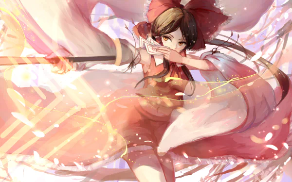 Reimu Hakurei from Touhou in a dynamic anime pose, wearing a red shrine-maiden outfit with flowing ribbons and glowing particles — vibrant 4K Ultra HD PC desktop wallpaper background.