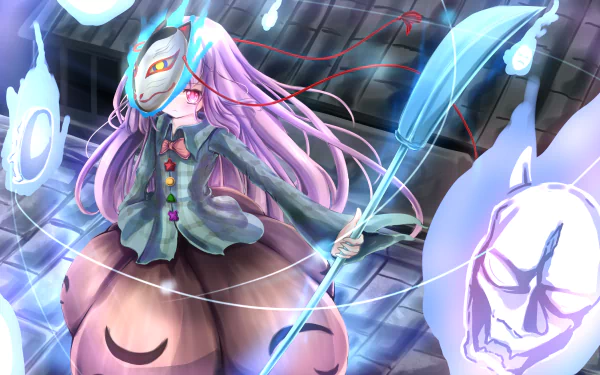 Hata no Kokoro (Touhou) anime 4K UHD PC wallpaper: masked girl with flowing purple hair holding a spear, surrounded by floating spirit masks and ghostly blue lights.