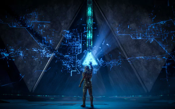 A character from Mass Effect: Andromeda reaches out toward a glowing blue structure, surrounded by futuristic digital patterns, set in a dramatic and immersive sci-fi environment.