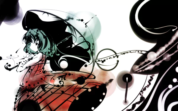HD PC desktop wallpaper of Yuuka Kazami (Touhou) — anime-style green-haired figure amid abstract black ink swirls and red watercolor floral motifs.