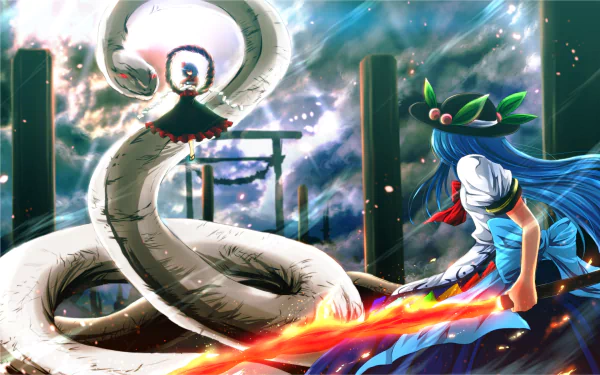 HD anime desktop wallpaper featuring Kanako Yasaka and Tenshi Hinanawi from Touhou, showcasing a dramatic confrontation with dynamic lighting and detailed backgrounds.