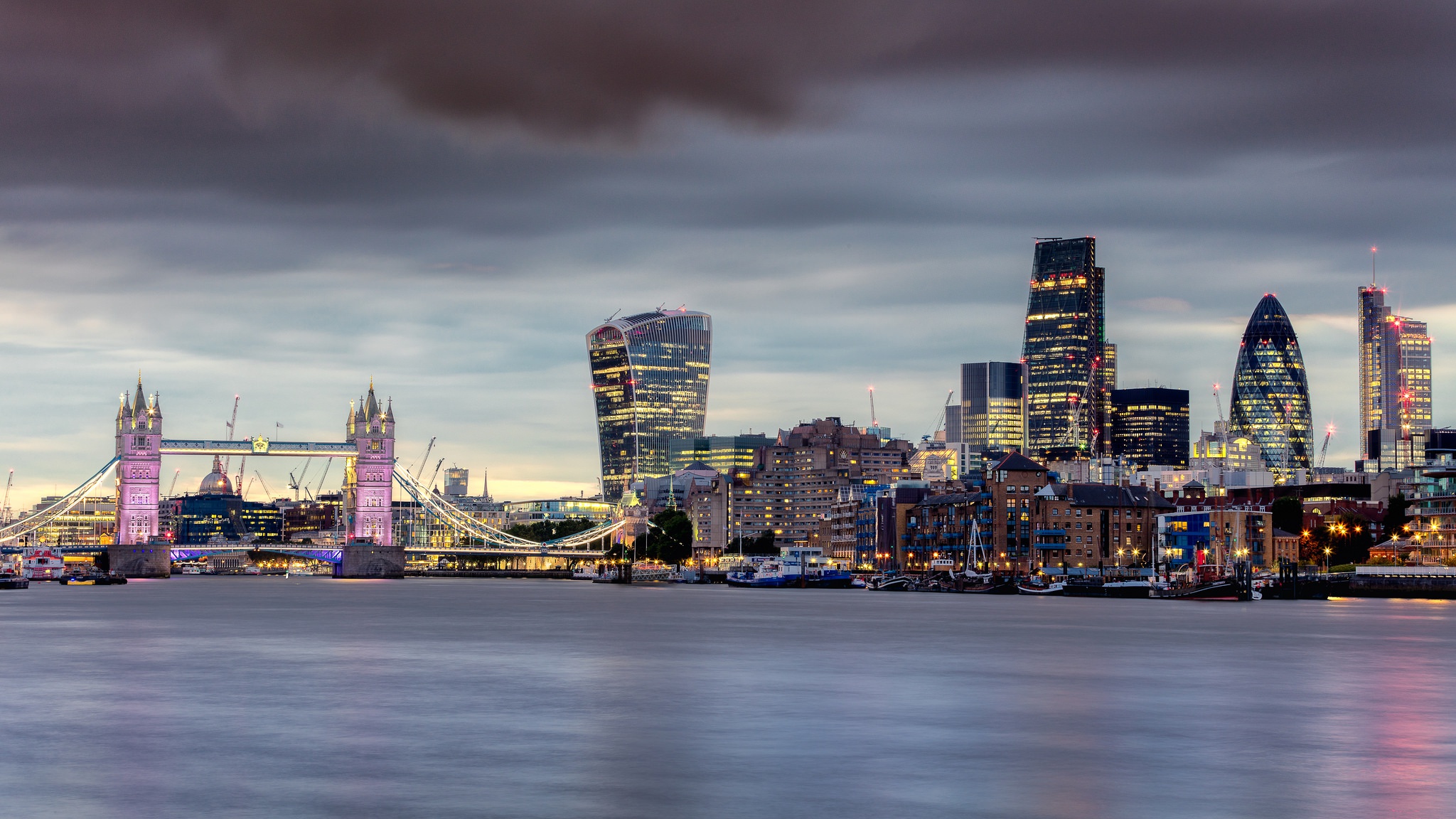 London Skyline At Night Tower Bridge And Iconic Skyscrapers Along The London Skyline At Night Tower Bridge And Iconic Skyscrapers Along The