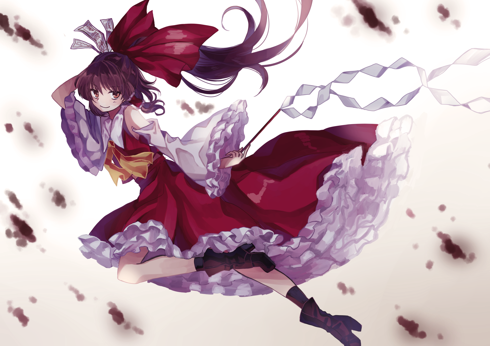 Reimu Hakurei from Touhou in flowing red and white outfit, captured in dynamic anime style. 4K Ultra HD PC desktop wallpaper and background.