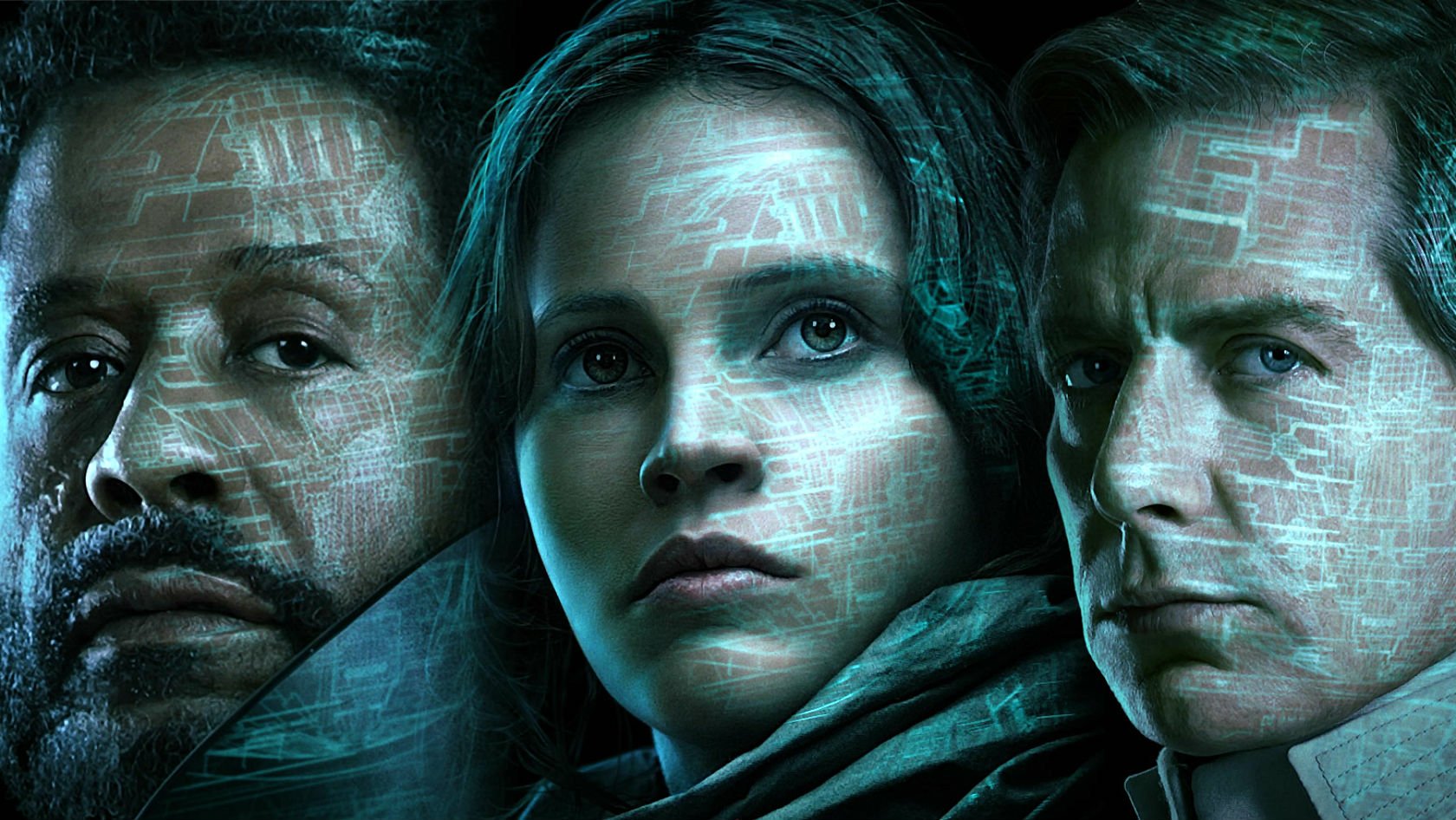 HD PC desktop wallpaper featuring key characters from the movie Rogue One: A Star Wars Story with a futuristic digital overlay on their faces.