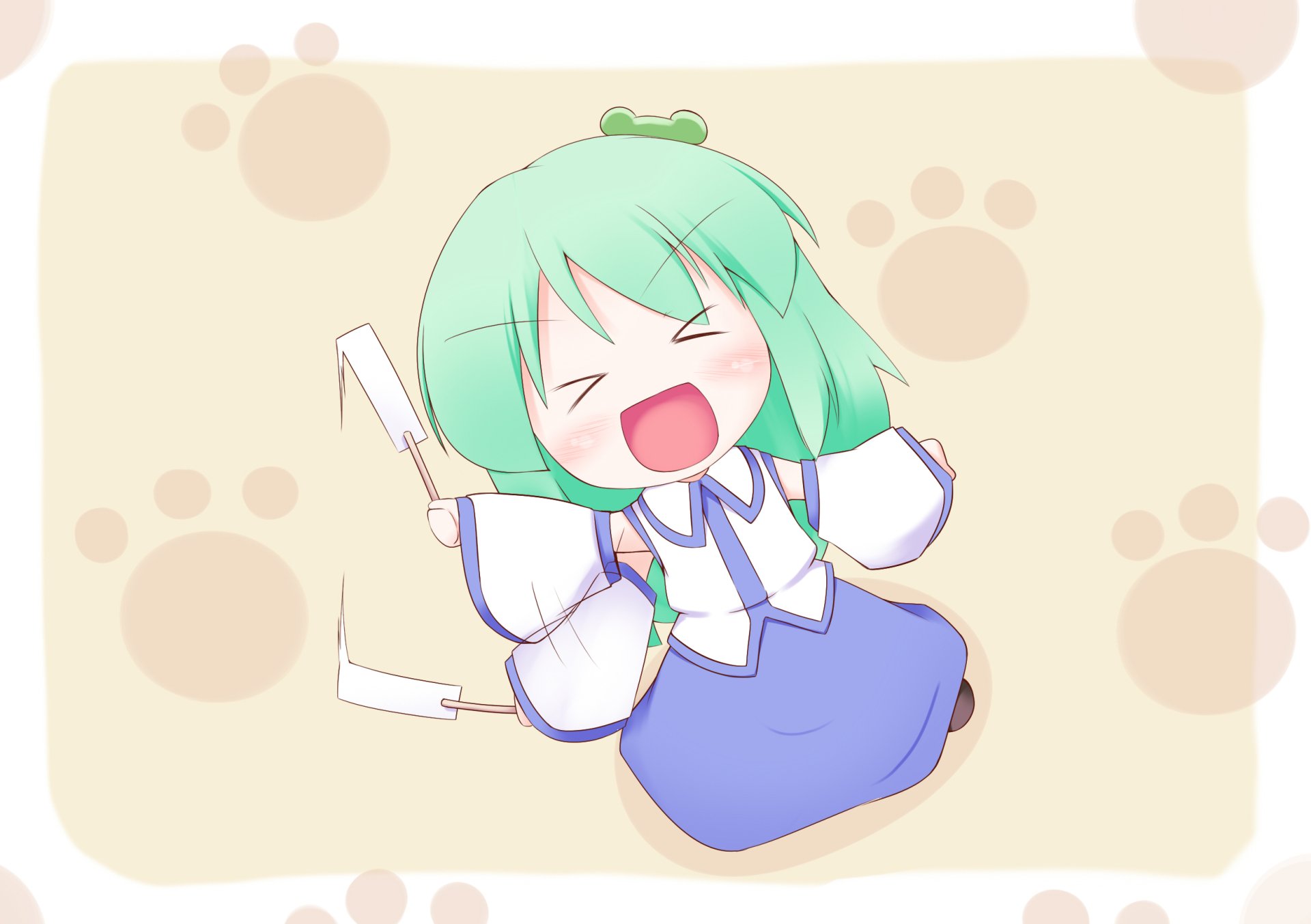 Chibi Sanae Kochiya (Touhou) with green hair and blue-white shrine outfit, joyfully waving ofuda charms on a soft beige paw-print background — HD PC desktop wallpaper
