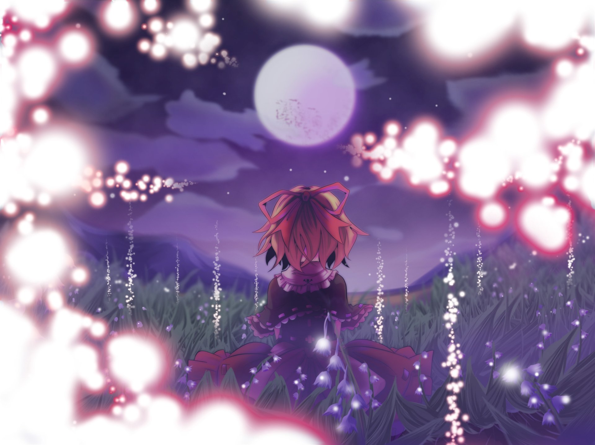Anime-style Touhou character stands in a glowing field under a large full moon, illuminated by soft, colorful lights in this 4K Ultra HD PC desktop wallpaper.