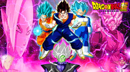 HD Dragon Ball Super wallpaper featuring Goku, Vegeta in various Super Saiyan forms with a vibrant pink and purple anime background from Dragon Ball Z series.