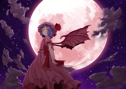 Remilia Scarlet (Touhou) anime wallpaper: blue-haired vampire girl in a red dress with bat wings standing before a giant full moon — 4K Ultra HD PC desktop background.