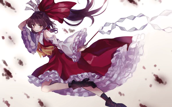 Reimu Hakurei from Touhou in flowing red and white outfit, captured in dynamic anime style. 4K Ultra HD PC desktop wallpaper and background.