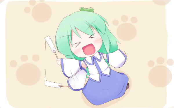 Chibi Sanae Kochiya (Touhou) with green hair and blue-white shrine outfit, joyfully waving ofuda charms on a soft beige paw-print background — HD PC desktop wallpaper