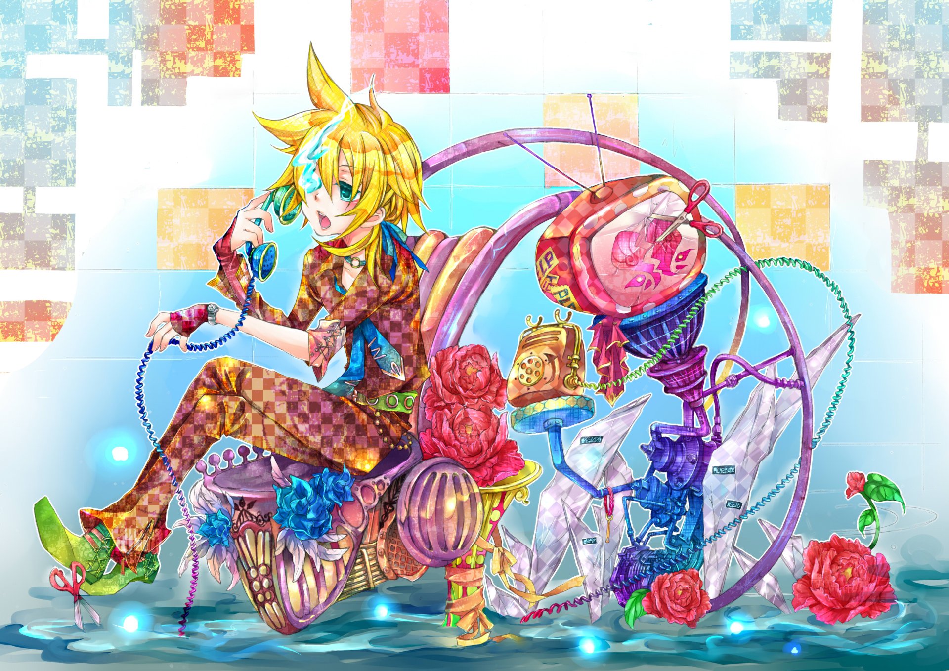 2K Quad HD PC desktop anime wallpaper: Len Kagamine (Vocaloid) seated on an ornate chair with headphones, roses and a colorful geometric background.