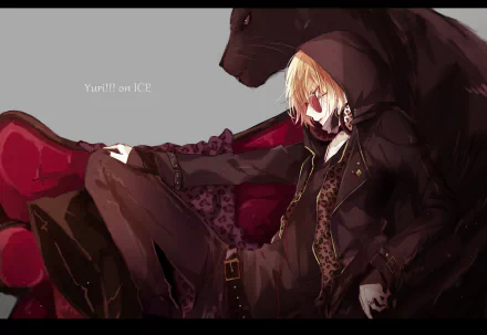 HD desktop wallpaper of Yuri Plisetsky from Yuri!!! on ICE anime. Yuri, in a stylish outfit, sits against a large black panther, showcasing a cool and edgy vibe.