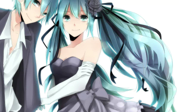 HD anime desktop wallpaper featuring Hatsune Miku and Hatsune Mikuo as a couple, both wearing elegant attire and hats, from the Vocaloid series.