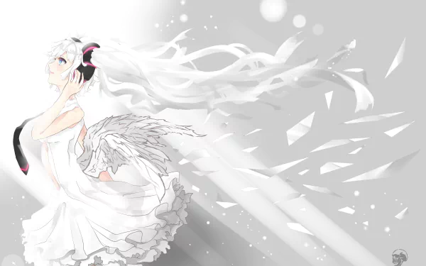 A 4K Ultra HD white-themed anime wallpaper featuring Hatsune Miku with flowing hair and angelic wings in a soft, ethereal Vocaloid style.