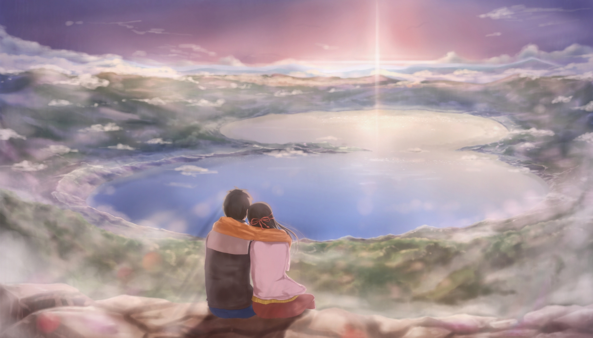 A stunning HD anime wallpaper featuring Taki Tachibana and Mitsuha Miyamizu from Your Name, embraced against a backdrop of serene lakes and a glowing horizon.