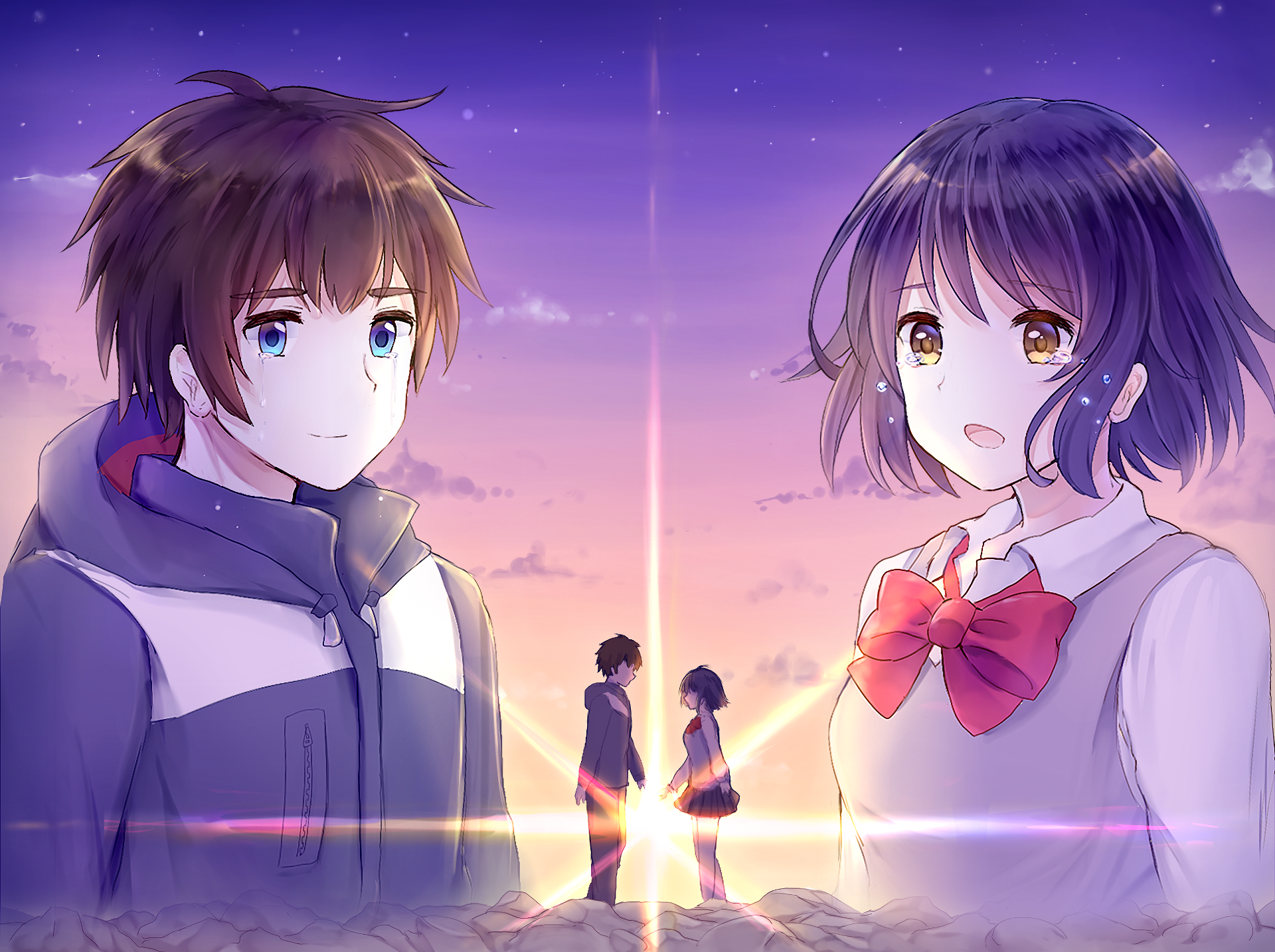 HD PC desktop wallpaper of Taki Tachibana and Mitsuha Miyamizu from Your Name: close-up anime portraits against a purple-orange sunset with their silhouetted figures meeting at the horizon.