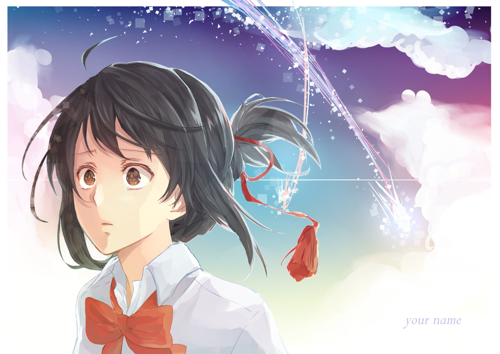 4K Ultra HD anime wallpaper featuring Mitsuha Miyamizu from Your Name., with a dreamy sky and soft pastel colors in the background.