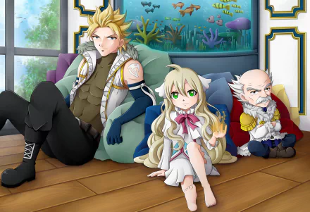 A vibrant HD wallpaper featuring characters Sting Eucliffe, Makarov Dreyar, and Mavis Vermilion from the anime Fairy Tail, set in a cozy, colorful room with aquatic decor.