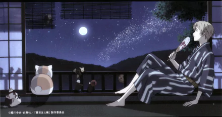 HD PC desktop wallpaper from the anime Natsume Yuujinchou (Natsume's Book of Friends) showing a serene night scene with characters gazing at the starry sky.