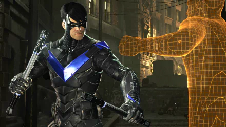 Nightwing in an armored black-and-blue suit wielding escrima sticks beside a holographic training dummy — dramatic HD PC desktop wallpaper from the Batman: Arkham VR video game.
