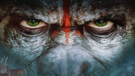 HD PC desktop wallpaper and background: close-up of an ape's intense green eyes and red war paint from the movie Dawn of the Planet of the Apes.