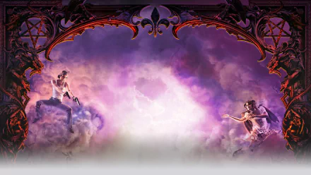HD PC desktop wallpaper of Saints Row: Gat Out of Hell — two winged figures perched on purple-pink clouds, framed by ornate Gothic red borders.