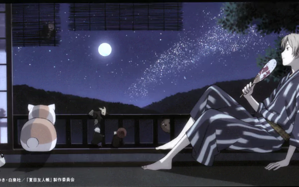 HD PC desktop wallpaper from the anime Natsume Yuujinchou (Natsume's Book of Friends) showing a serene night scene with characters gazing at the starry sky.