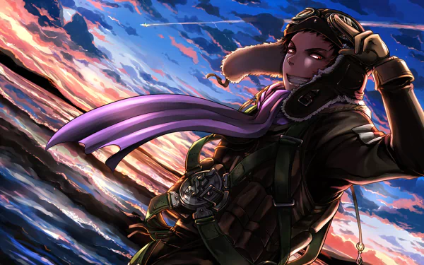 HD anime desktop wallpaper featuring a character from Drifters by Naoshi Kanno, wearing aviator gear against a dramatic sunset sky backdrop.
