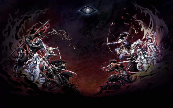 An intense scene from the anime Drifters, featuring iconic characters in a dramatic clash, set against a dark, swirling background with a watchful eye. HD wallpaper for vibrant displays.