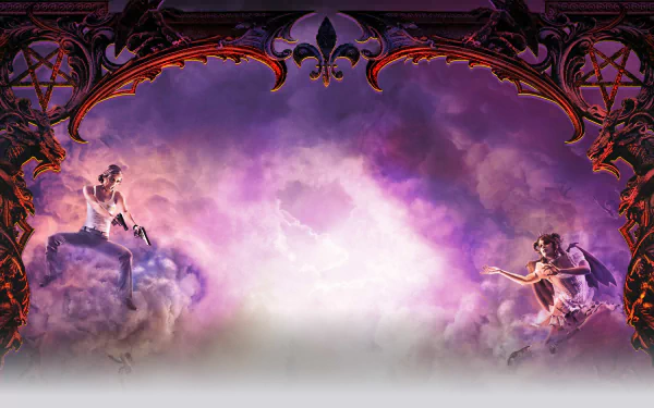 HD PC desktop wallpaper of Saints Row: Gat Out of Hell — two winged figures perched on purple-pink clouds, framed by ornate Gothic red borders.