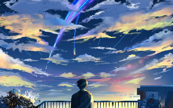 A captivating HD anime wallpaper featuring Taki Tachibana from Your Name, gazing at a vibrant sky filled with colorful streaks and clouds.