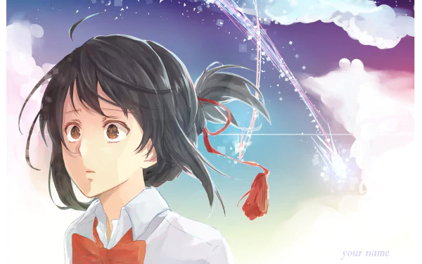 4K Ultra HD anime wallpaper featuring Mitsuha Miyamizu from Your Name., with a dreamy sky and soft pastel colors in the background.