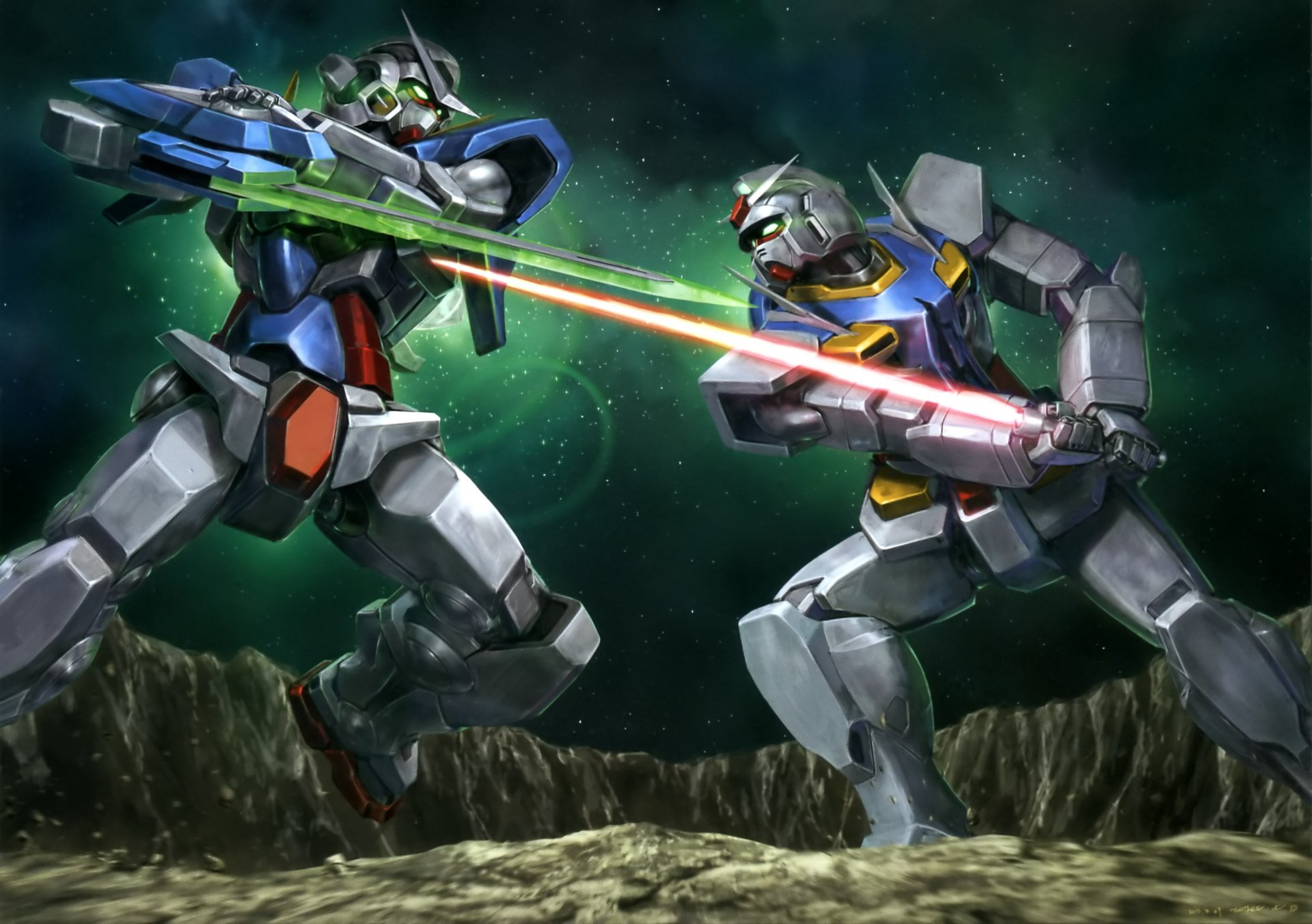 HD anime wallpaper featuring intense battle between two Mobile Suit Gundam 00 mechs on a rocky terrain under a cosmic green sky.