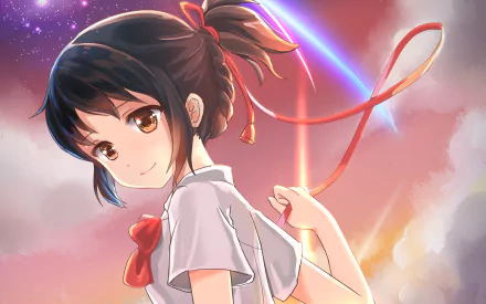 A vibrant HD wallpaper featuring Mitsuha Miyamizu from the anime Your Name, showcasing her smiling in a colorful sky with a rainbow, evoking a sense of adventure and emotion.