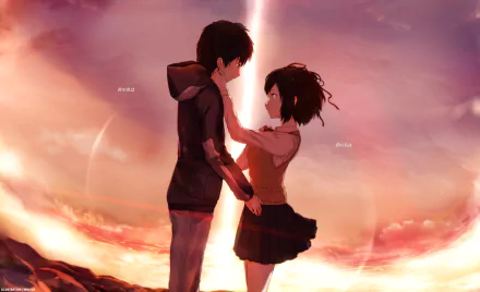 HD anime desktop wallpaper featuring Taki Tachibana and Mitsuha Miyamizu from Your Name., standing face-to-face under a glowing sky.