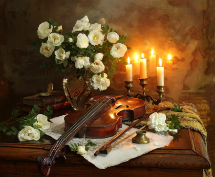 A still life HD desktop wallpaper featuring a white flower bouquet in a vase, a violin with bow, a stack of books, and lit candles creating a warm, cozy atmosphere.